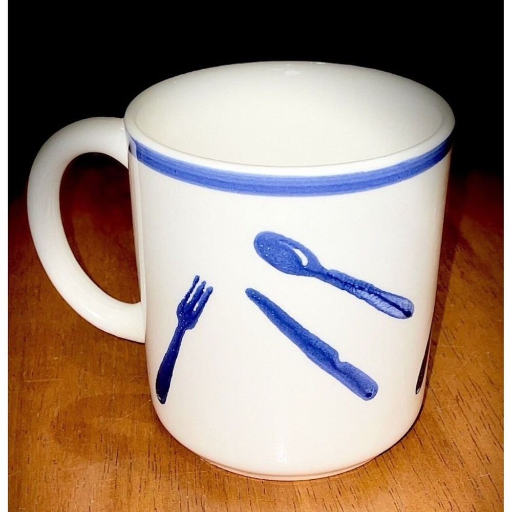Italy Hand Painted Furio Mug Fork & Spoon Blue & White Vintage Coffee Cup